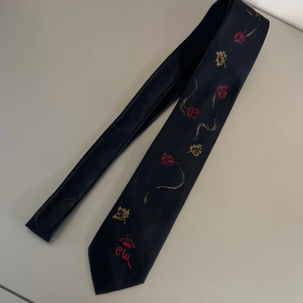 Vintage “Leaves” Navy Tie with Red & Gold Leaf Accents